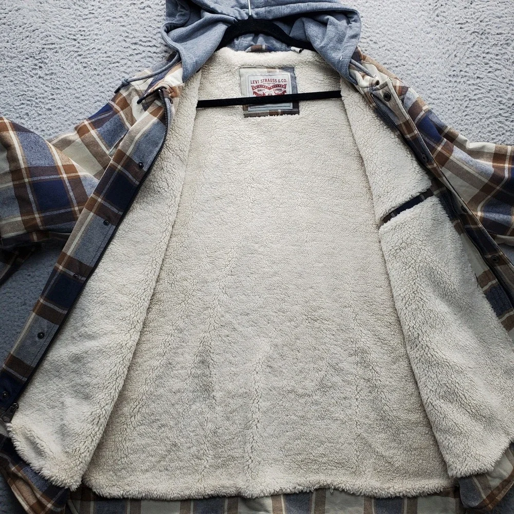 Levi's Flannel Shirt Jacket Men XL Multi Plaid Sherpa Lined Hood Snap Inside Zip - Picture 10 of 15